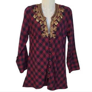 Soft Surroundings Webster Tunic Top Women S Red Burgundy Plaid Embellished Gypsy